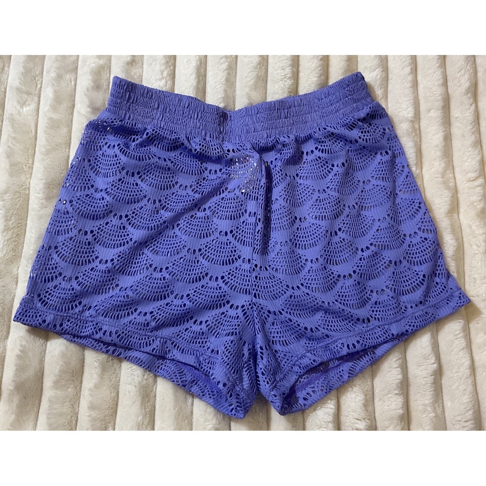 Cat & Jack Girls Purple Crochet Swim Cover-Up Shorts Scalloped Shell Size 10/12
